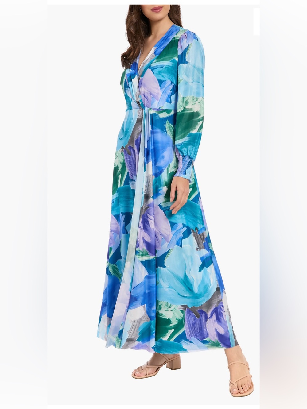 London Times by Maggy London Maxi Dress Flowy Mesh Floral Blue Green Size Med